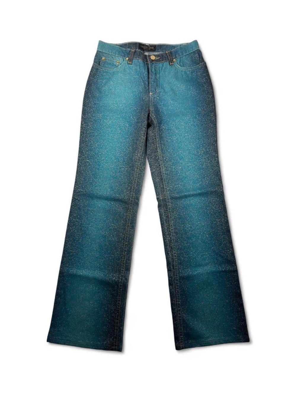 Vtg Roberto Cavalli Teal Glitter Wide-Leg Jeans